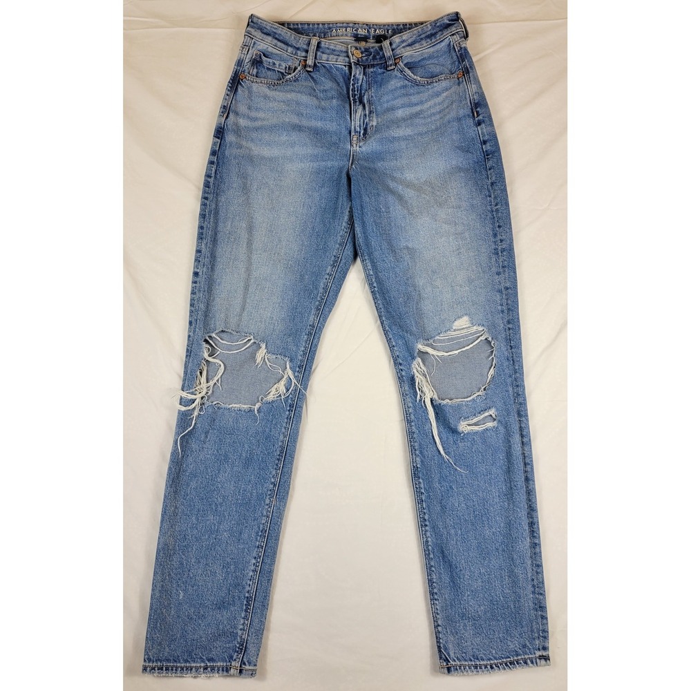 American Eagle Mom Jeans Womens 8 Long Blue Distressed High Rise Strigid Denim‎